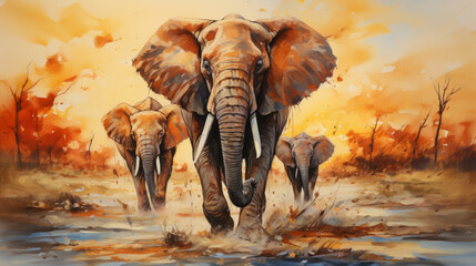 African elephants in the savannah, watercolor painting