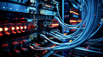 Fiber Optic cables connected to ports in a data center