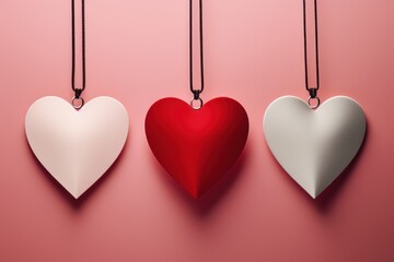 valentines gift tags with red hearts hanging on pink background