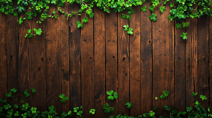 Fototapeta na wymiar Nature's Embrace Green Clover Leaves Overlapping Rustic Wooden Planks