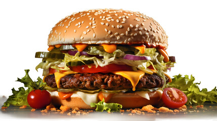 hamburger png, classic burger, beef patty, lettuce, tomato, cheese, bun, burger clipart, fast food,...