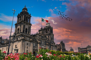 Majestic Baroque Cathedral at Dusk in Mexico, Surrounded by Vibrant Flowers