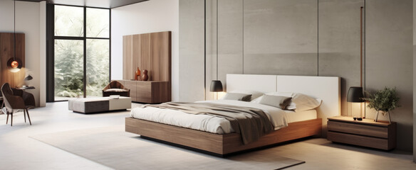 Interior of modern bedroom with comfortable king size bed. 3d render