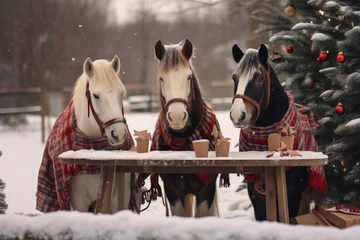 Foto op Canvas three ponys with blankets standing in front of decorated table and christmas tree with snowfall © Reischi
