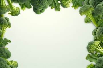 broccoli inflorescences with leaves on a white background with space for text. flate lay - obrazy, fototapety, plakaty