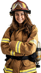 Fototapeta premium Portrait of a female firefighter, smiling, crossed arms, wearing a brown uniform on a white background
