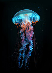 colorful jellyfish isolated on black background - obrazy, fototapety, plakaty