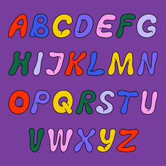 Cute colorful English alphabet, vintage font. Set of funny letters, childish typeface. Hand drawn vector illustration isolated on purple background. Modern flat cartoon style.