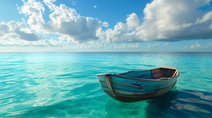 A small, colorful rowboat gently bobbing on the tranquil turquoise ocean, under a sky of deep blue with soft white clouds, and a serene tropical island visible in the distance.