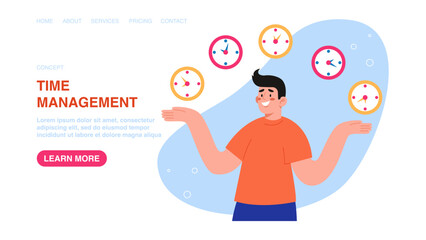 Vector illustration for poster, website, banner with man juggles a clocks. Managing work time and planning the working day, observing calendar schedule and meeting project deadlines, time management.