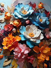 Colorful Modern Special 3D Style Ultra Thick Oil Painting of Floral Arrangement, created with Generative AI technology