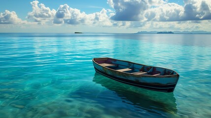 A small, colorful rowboat gently bobbing on the tranquil turquoise ocean, under a sky of deep blue with soft white clouds, and a serene tropical island visible in the distance.