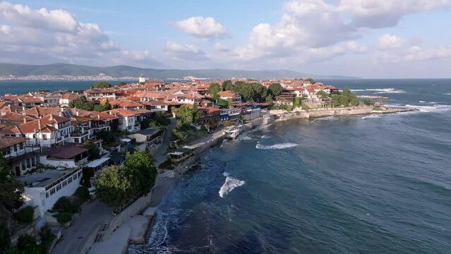 Seafront Buildings On Ancient City Of Nessebar In Burgas Province, Black Sea Coast Of Bulgaria. aerial shot