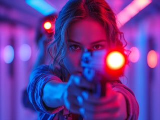 Portrait einer mit Laserpistole zielenden jungen Frau