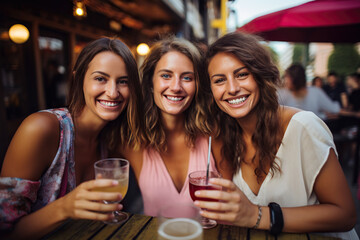 group of three girl friends enjoying a drink at the bar - obrazy, fototapety, plakaty