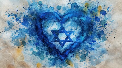  Israel flag in a grunge splash and heart blue watercolor background