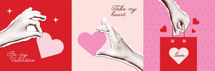 Plexiglas foto achterwand Halftone Valentines day collage covers set in contemporary mixed media style. Modern vector poster with dotted elements - hands and hearts. Concept of relationship, love, romance, valentine day. © LanaSham