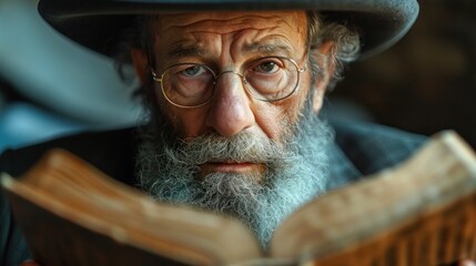 Portrait of an old jewish man with a long gray beard and mustache in a hat reading a book
