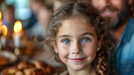 Portrait of a little jewish girl with her jew father in the background holiday table.