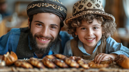 Happy israeli father and jewish son in hats sitting at table with buns in bakery. - obrazy, fototapety, plakaty