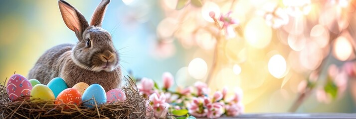 Banner cute bunny with colorful easter eggs in nest, spring and festive background - obrazy, fototapety, plakaty