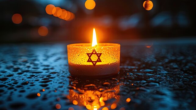 Candle light with star of David and bokeh background.