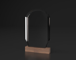 Blank crystal trophy mockup, 3d rendering. Empty acrylic award design mock up. Transparent crystal prize plate template. Premium first place prize plaque, isolated on black