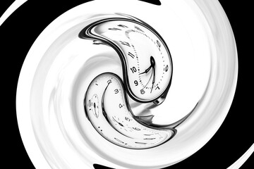 Creative image of melting  clocks in a bowl of cream in black and white