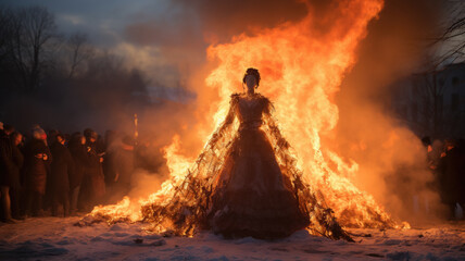 burning of a Maslenitsa straw effigy in a wreath, farewell to winter, carnival, bonfire, holiday, shrovetide, traditional pagan rite, folk festival, fire, flame, people, doll - obrazy, fototapety, plakaty
