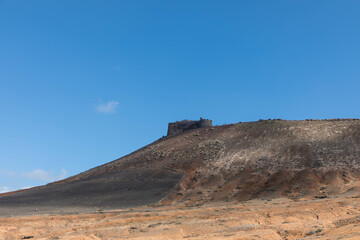 Aerial view of the famous Santa Barbara Castle on the volcanic hill of Mount Guanapay.Teguise, Lanzarote, Spain, Europe.