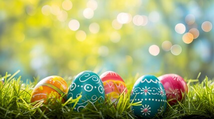 Fototapeta na wymiar Easter decorated eggs in fresh spring grass with bokeh background. AI generative