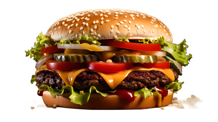 hamburger png, classic burger, beef patty, lettuce, tomato, cheese, bun, burger clipart, fast food,...