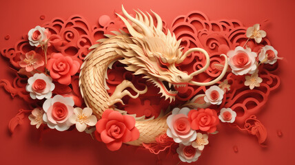 Happy chinese new year 2024 banner, the dragon zodiac. Luxury red and gold papercut background with chinese ornaments, cloud, circle frame, lantern and flower pattern.