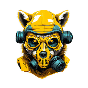 Illustration of a raccoon wearing a gas mask and yellow safety suit