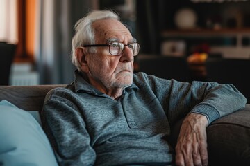 Senior Man Deep in Thought at Home: Contemplating Retirement