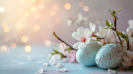Easter composition with a decorated eggs, flowers and bokeh background with a copy space. AI generative