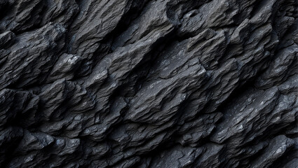 Black white rock background. Dark gray stone texture. Mountain surface close-up. Distressed, сracked, collapsed, crumbled. Generative Ai