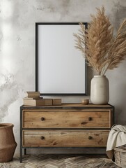 Boho Living Room: Rustic Dresser with Blank Poster Frame
