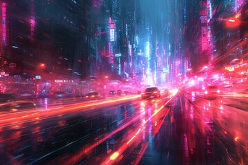 Rainy cyberpunk city with neon lights..Futuristic metropolis in a downpour, lights of the city