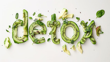 word detox made from green avocado and kiwi on a white background, healthy eating, smoothie, food, fruit, tasty treat, healthy breakfast, weight loss, diet, nutrition - obrazy, fototapety, plakaty