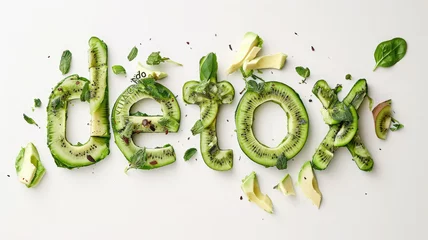 Fotobehang word detox made from green avocado and kiwi on a white background, healthy eating, smoothie, food, fruit, tasty treat, healthy breakfast, weight loss, diet, nutrition © Julia Zarubina