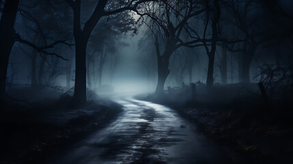 Fototapeta na wymiar Moonlit mystery, fog in spooky forest casts werie glow on asphalt