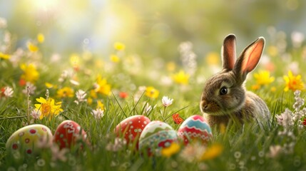 Fototapeta na wymiar A cute rabbit hiding in the grass with a easter decorated eggs on a blooming spring meadow. AI generative