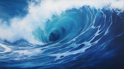 Fototapeta premium Oceanic power, large stormy sea wave in deep blue background