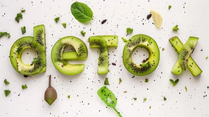 Poster word detox made from green avocado and kiwi on a white background, healthy eating, smoothie, food, fruit, tasty treat, healthy breakfast, weight loss, diet, nutrition © Julia Zarubina