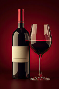 a bottle of red wine with label and a full glass goblet in photorealistic style on a red dark background.