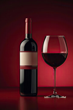 a bottle of red wine with label and a full glass goblet in photorealistic style on a red dark background.