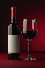 a bottle of red wine with label and a full glass goblet in photorealistic style on a red dark background.