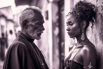 priest with gray beard seriously looks into the eyes of a dark-skinned woman in a sexy off-shoulder dress