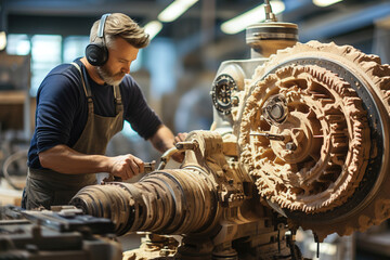 A turner works on a lathe in a factory.